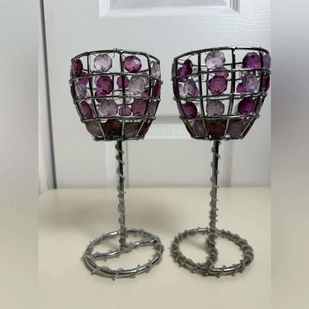Set of 2 Purple Crystal Beaded Candle Holders Glam Decor